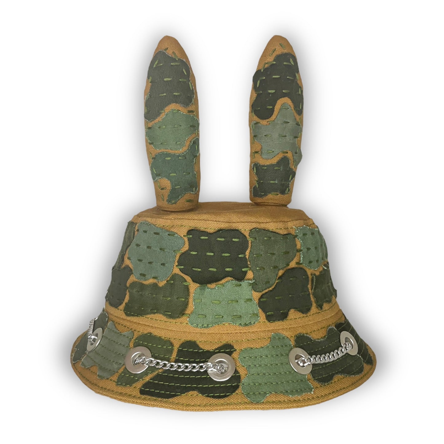 Beige and Green Sashiko Bunny Hat 1of1
