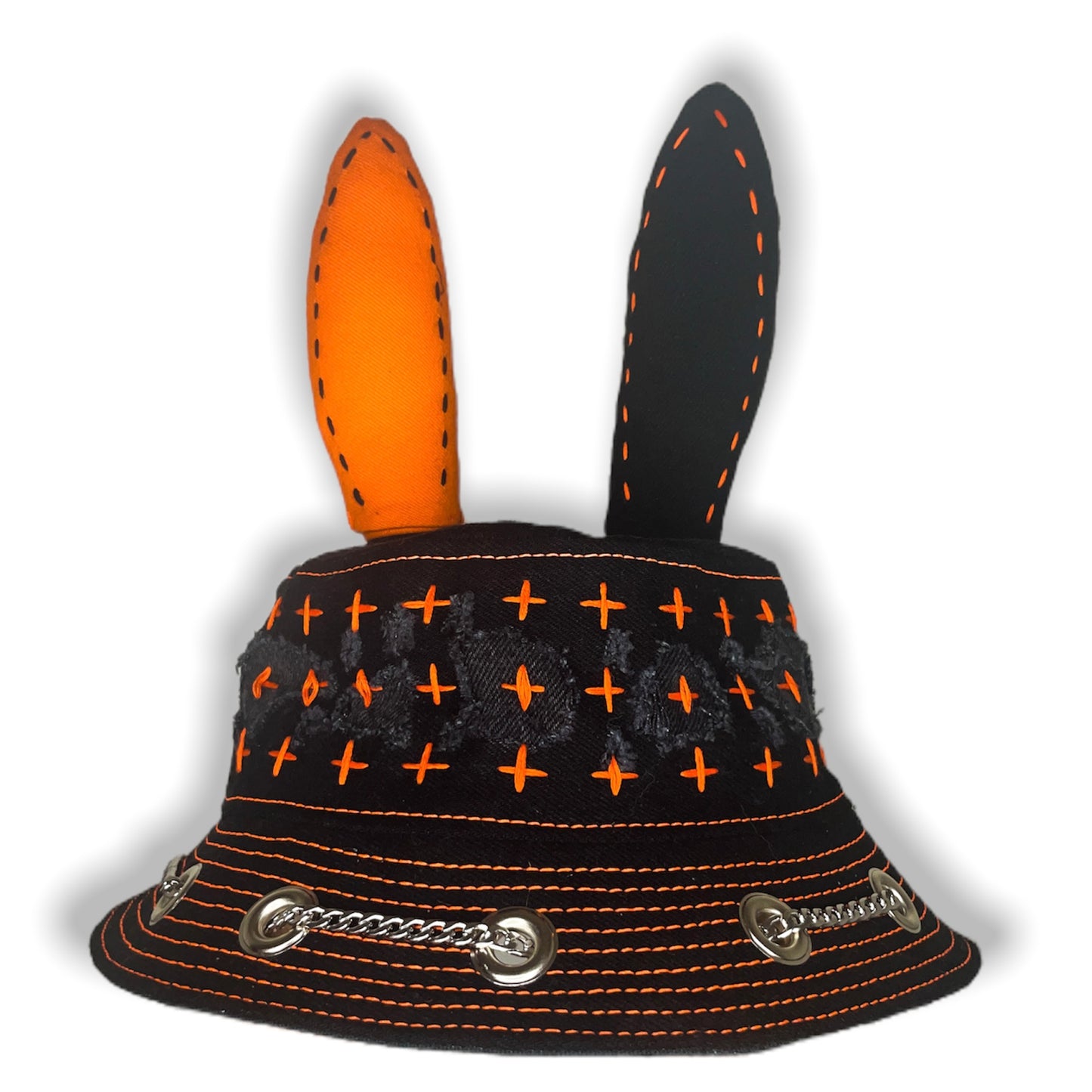 Black and Orange Sashiko Horn Hat 1of1
