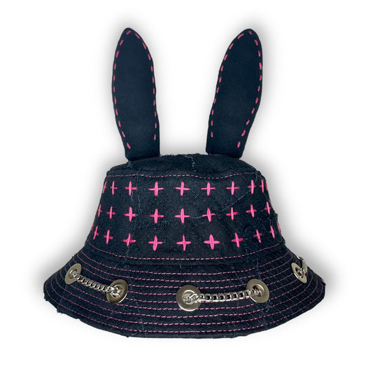 Black and Pink Sashiko Bunny Hat 1of1